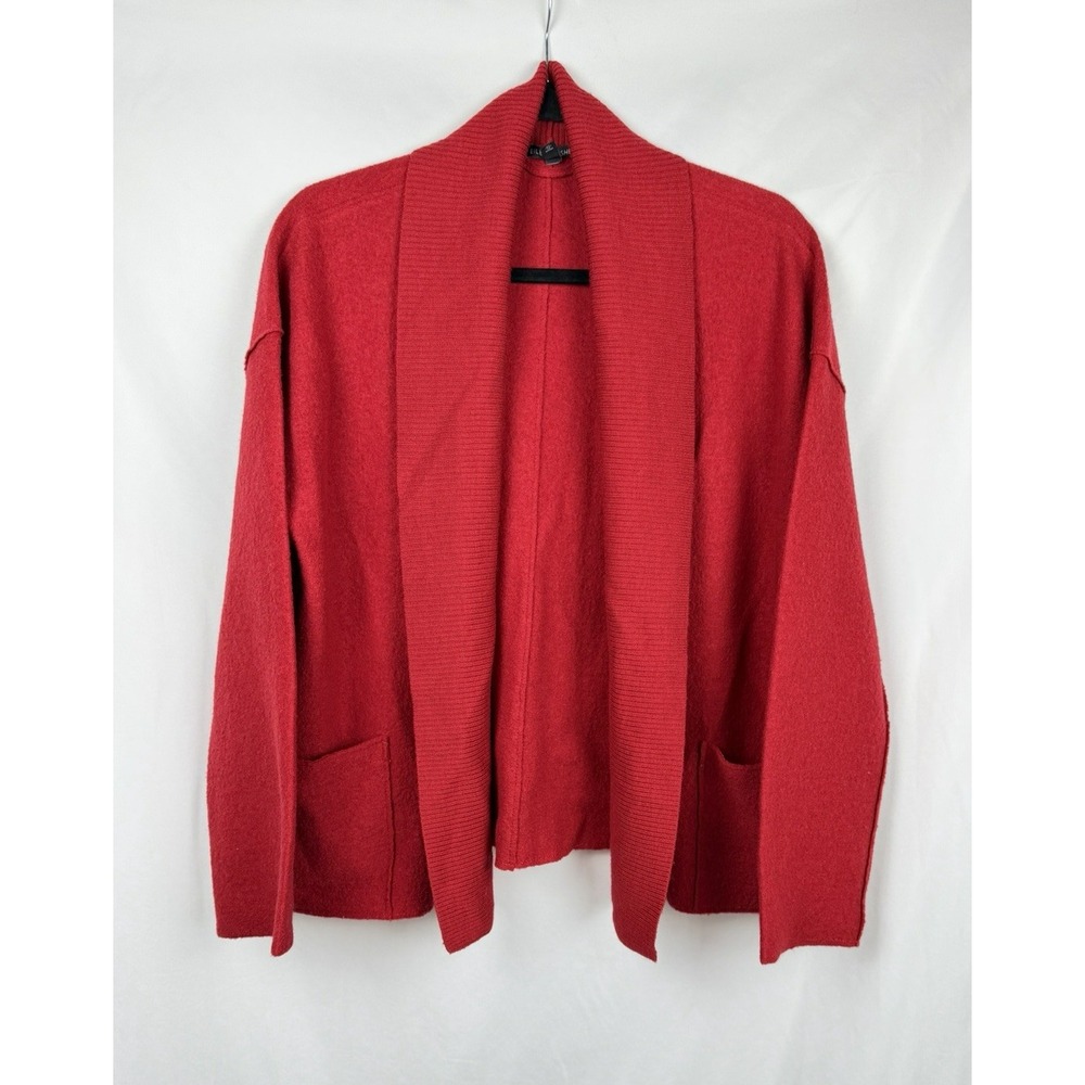 Eileen Fisher Red Knit Cardigan Sweater Open Front Pockets Medium Shawl Collar